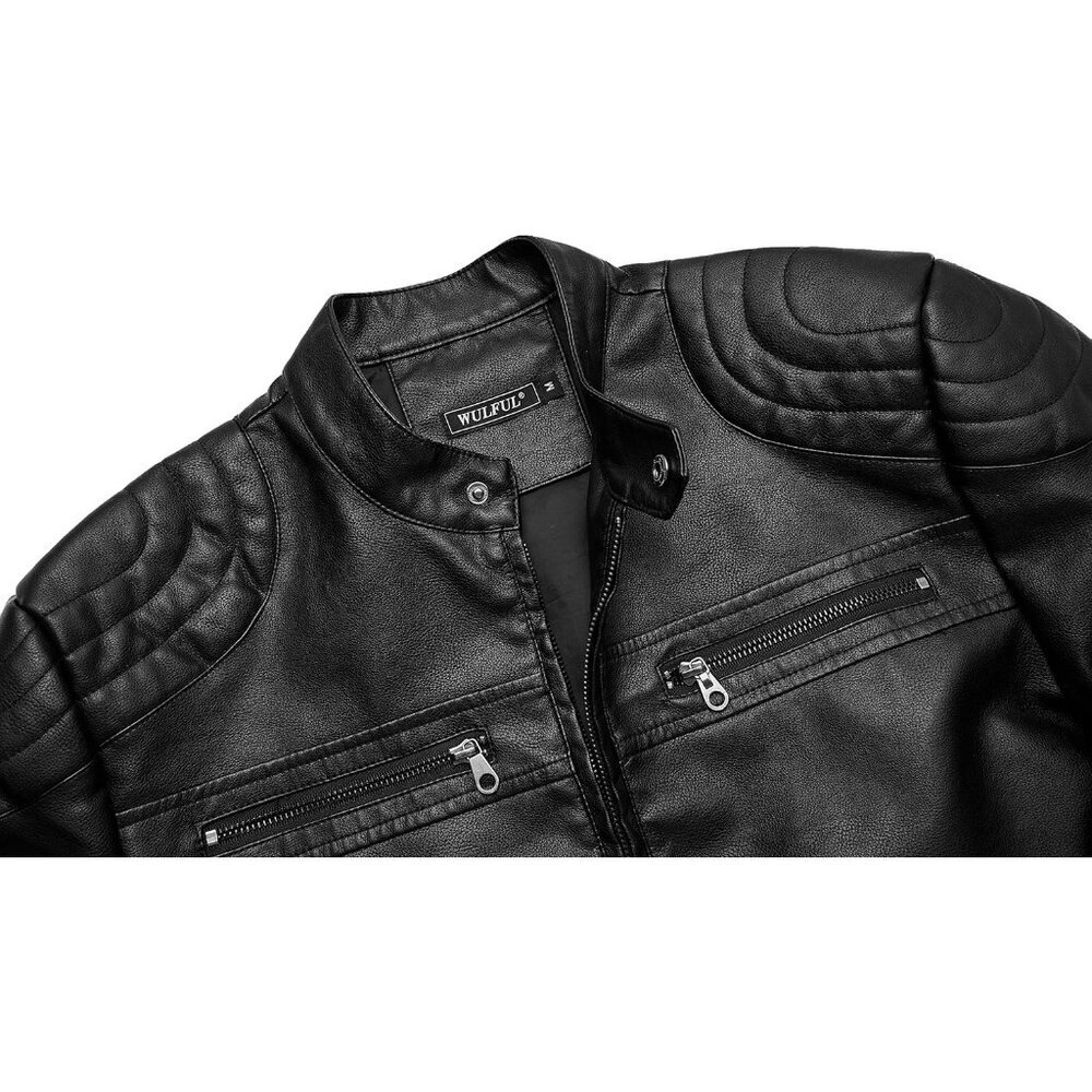 Men's Black1 Faux Leather Stand Collar Classic Zipper Slim Fit Biker Jacket - Picture 4 of 7